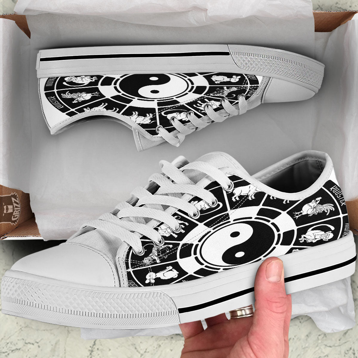 Chinese Zodiac White And Black Print White Low Top Shoes-grizzshop