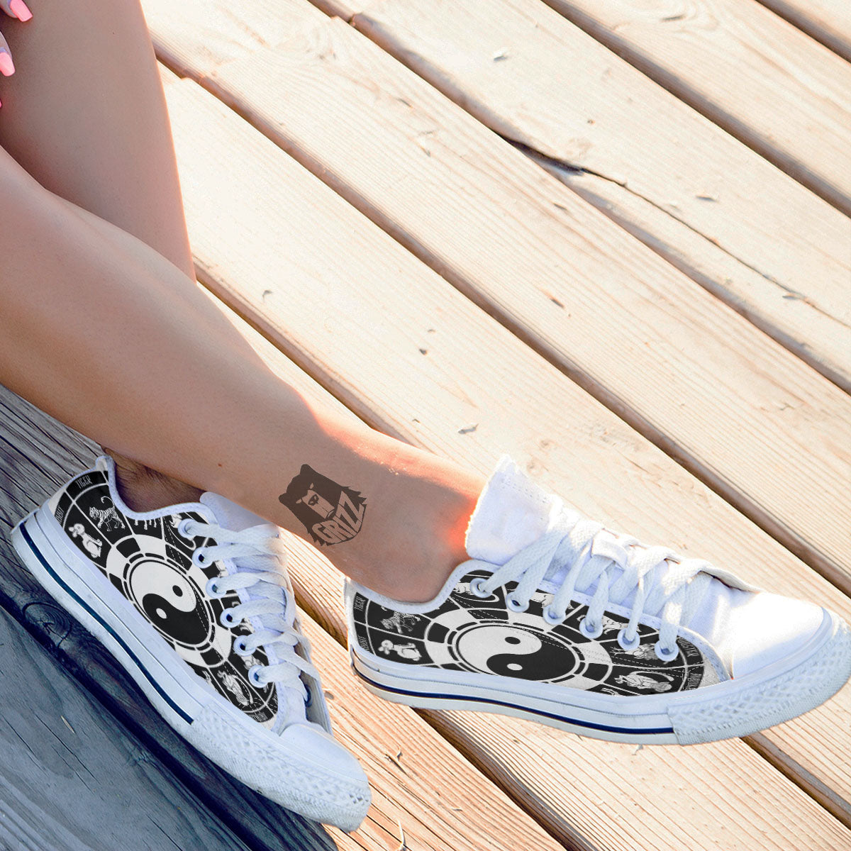 Chinese Zodiac White And Black Print White Low Top Shoes-grizzshop