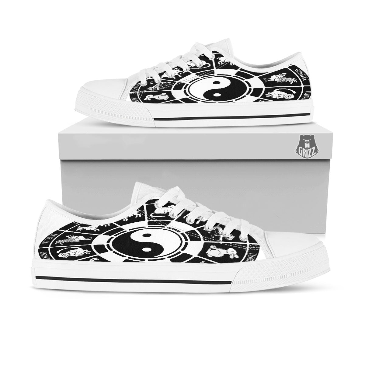Chinese Zodiac White And Black Print White Low Top Shoes-grizzshop