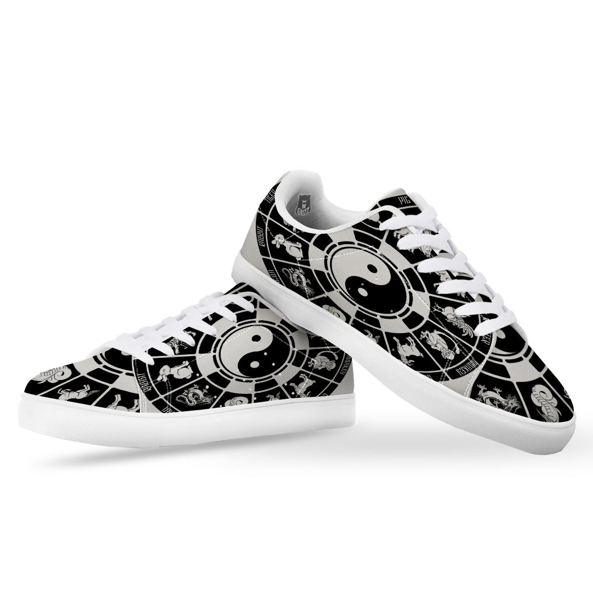 Chinese Zodiac White And Black Print White Low Top Sneakers-grizzshop