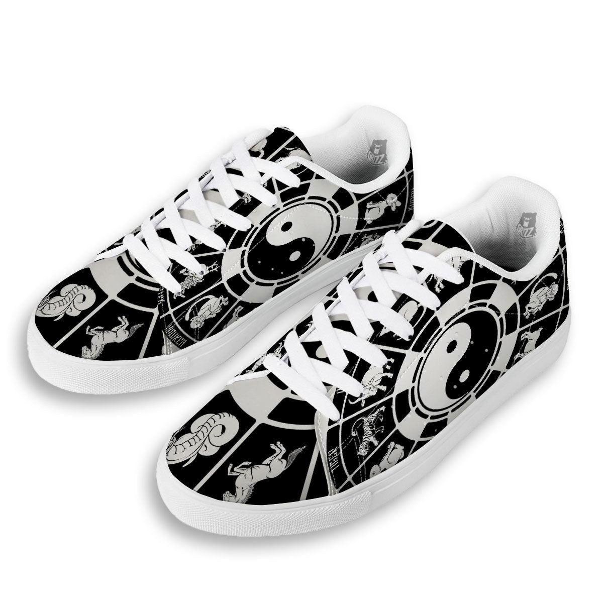 Chinese Zodiac White And Black Print White Low Top Sneakers-grizzshop