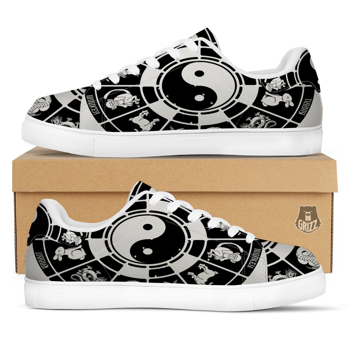 Chinese Zodiac White And Black Print White Low Top Sneakers-grizzshop