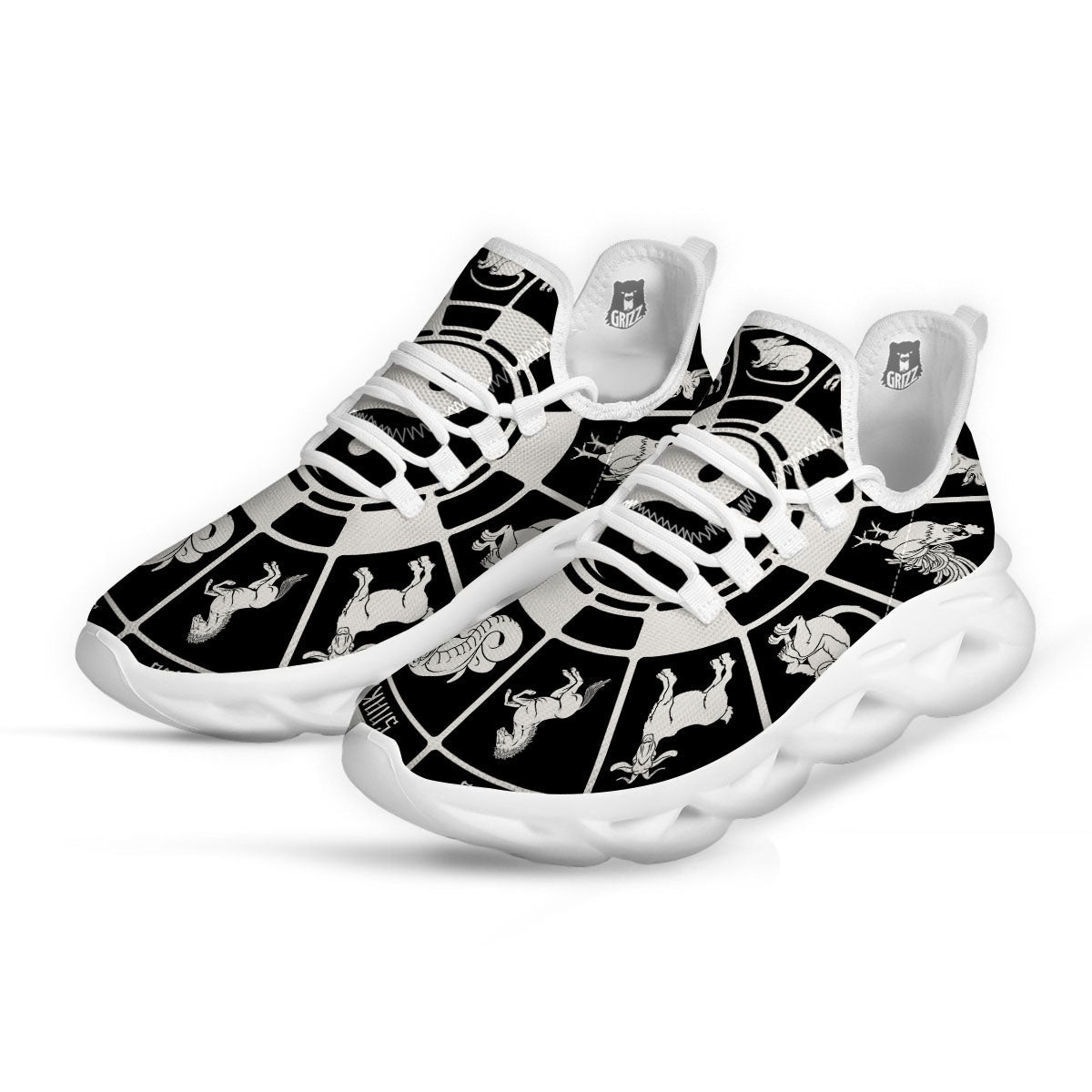 Chinese Zodiac White And Black Print White Running Shoes-grizzshop