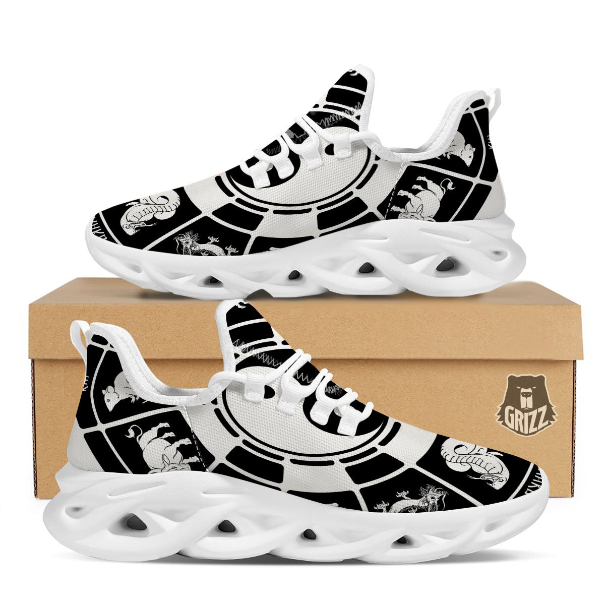 Chinese Zodiac White And Black Print White Running Shoes-grizzshop