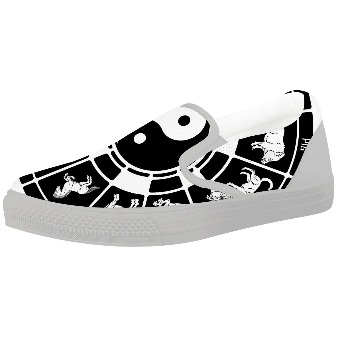 Chinese Zodiac White And Black Print White Slip On Shoes-grizzshop