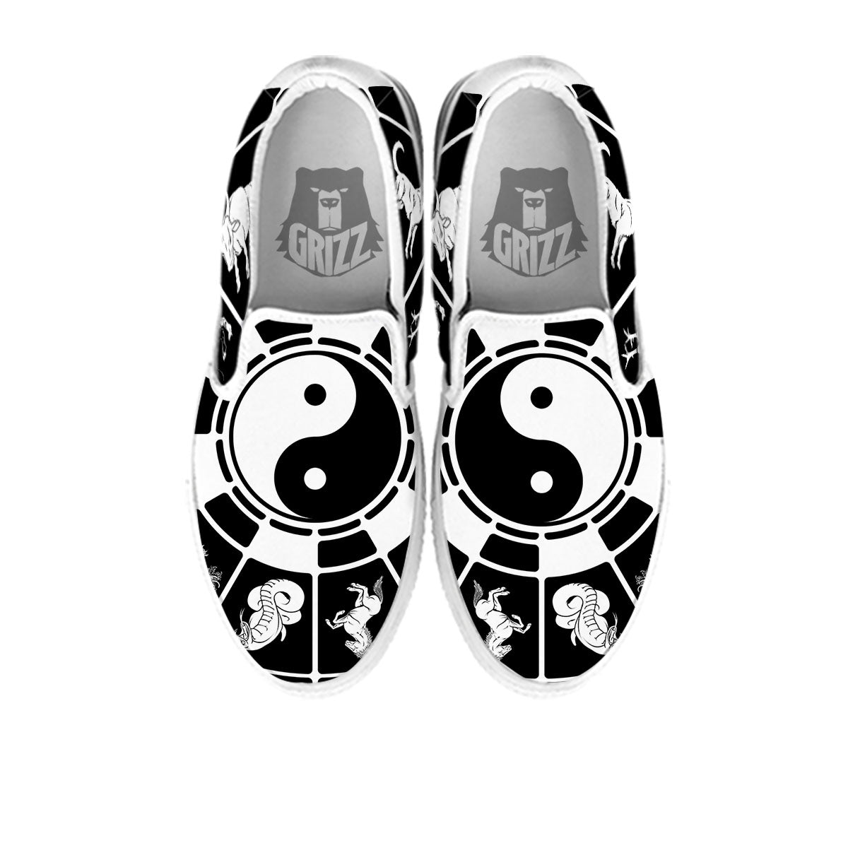 Chinese Zodiac White And Black Print White Slip On Shoes-grizzshop