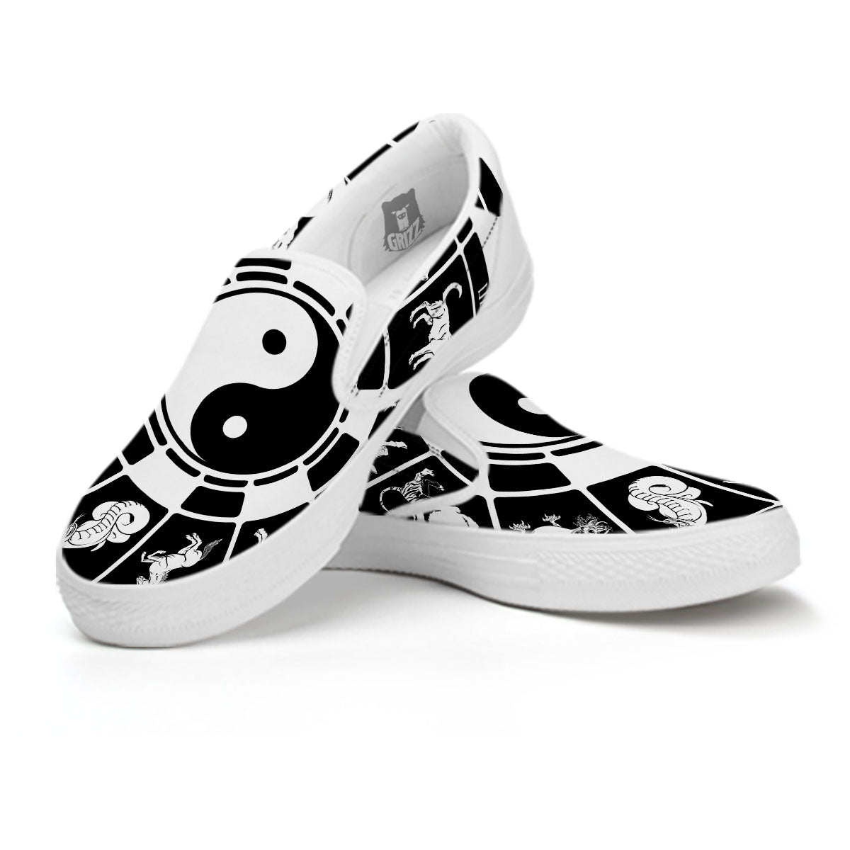 Chinese Zodiac White And Black Print White Slip On Shoes-grizzshop