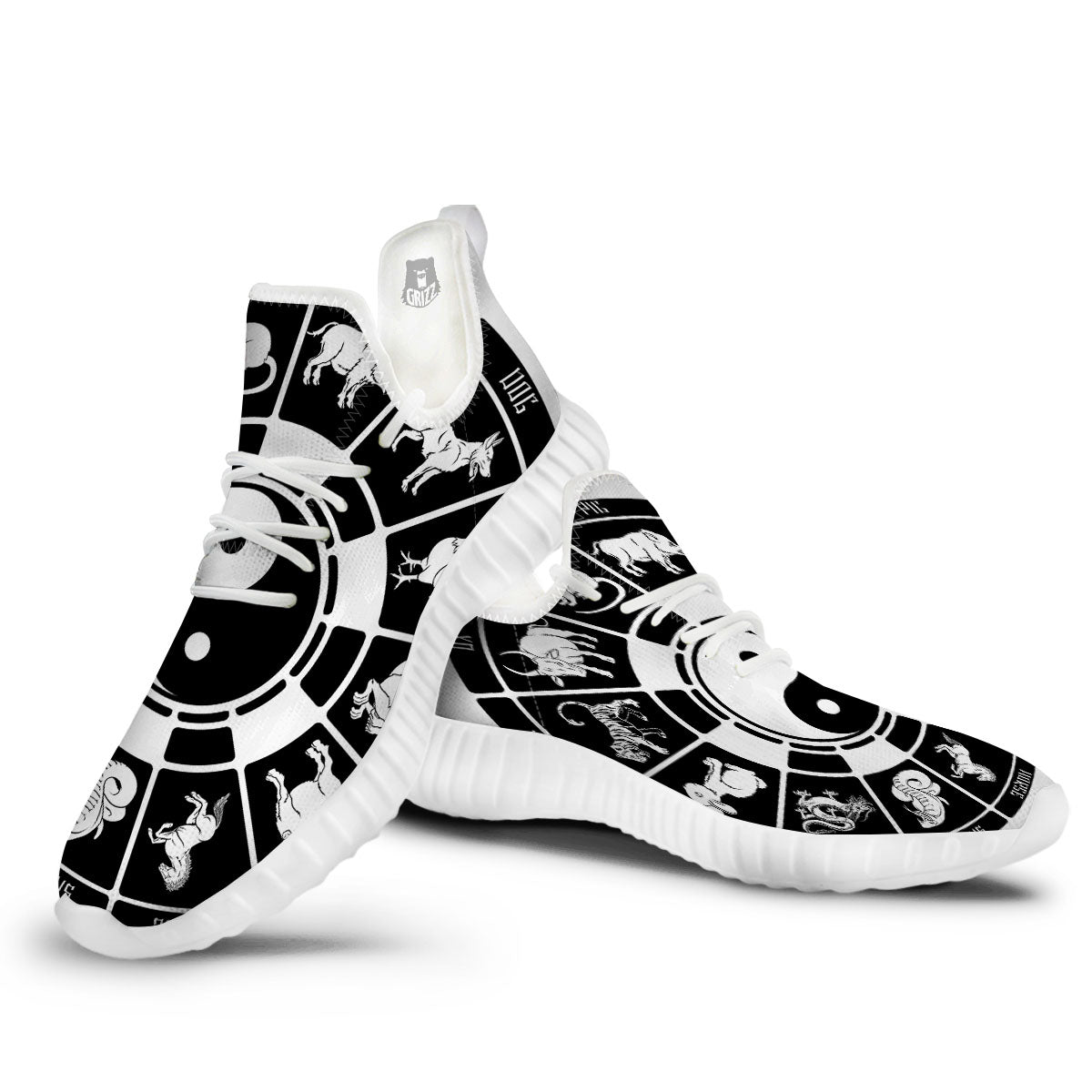 Chinese Zodiac White And Black Print White Walking Shoes-grizzshop