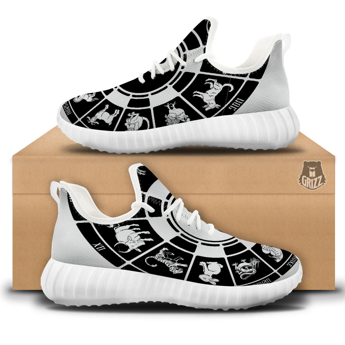 Chinese Zodiac White And Black Print White Walking Shoes-grizzshop