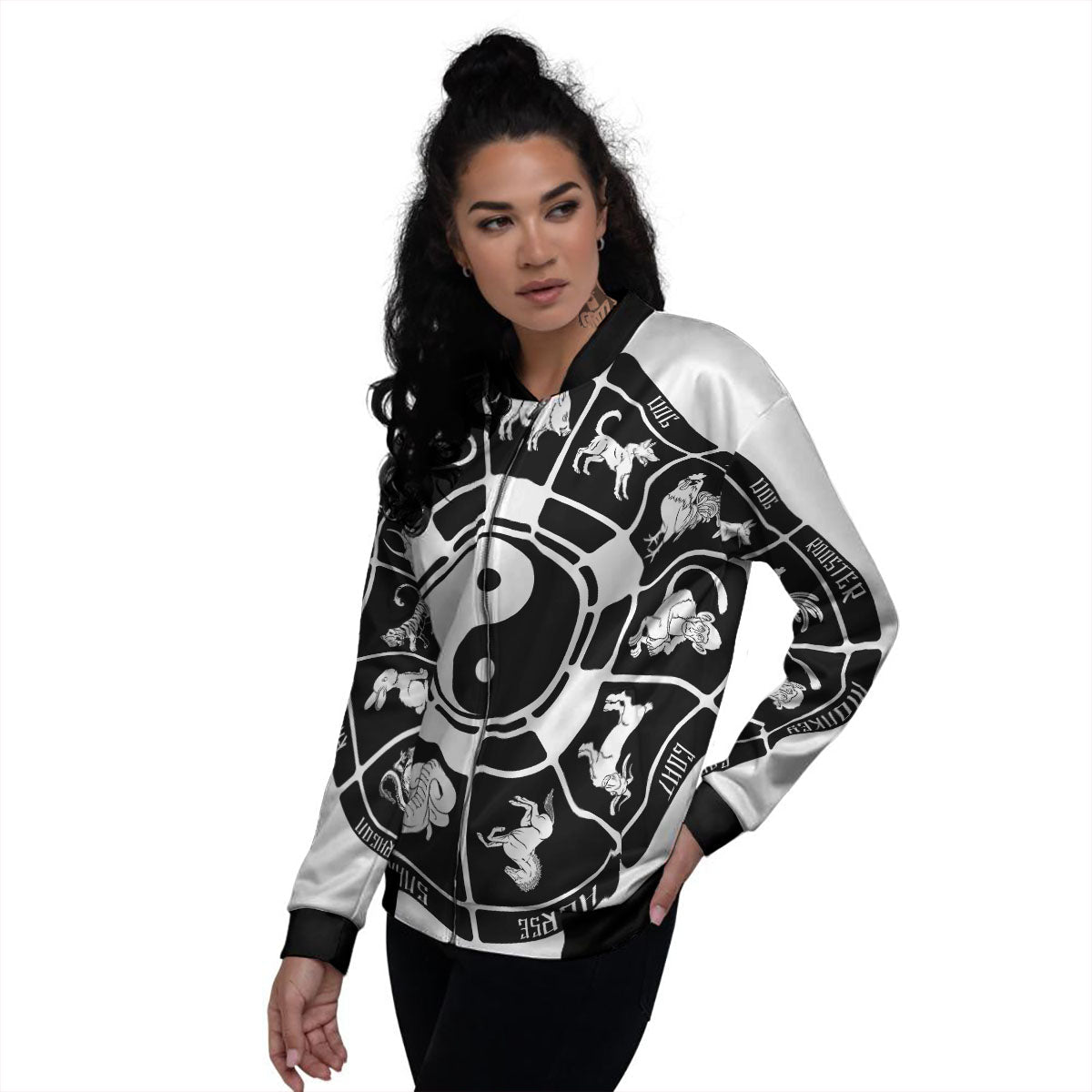 Chinese Zodiac White And Black Print Women's Bomber Jacket-grizzshop