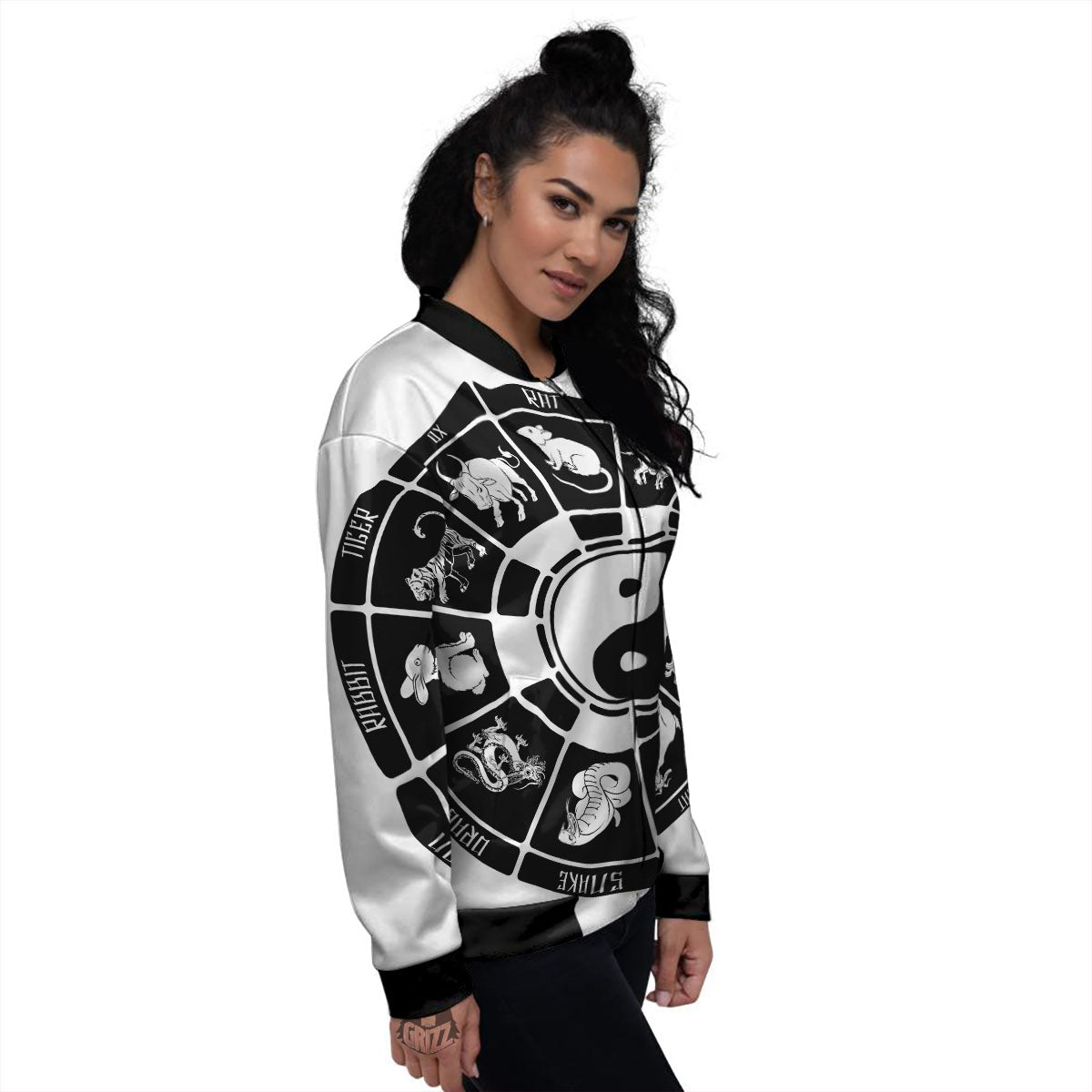 Chinese Zodiac White And Black Print Women's Bomber Jacket-grizzshop