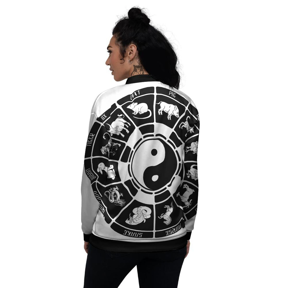 Chinese Zodiac White And Black Print Women's Bomber Jacket-grizzshop