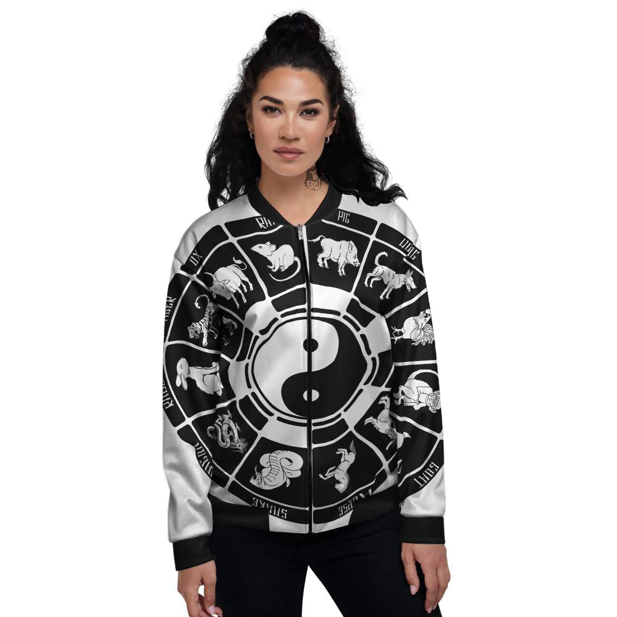 Chinese Zodiac White And Black Print Women's Bomber Jacket-grizzshop