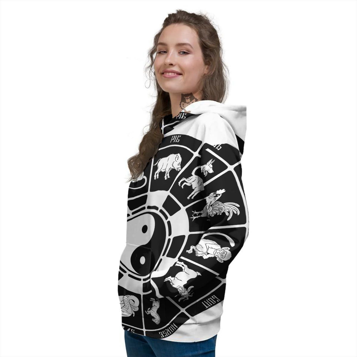 Chinese Zodiac White And Black Print Women's Hoodie-grizzshop