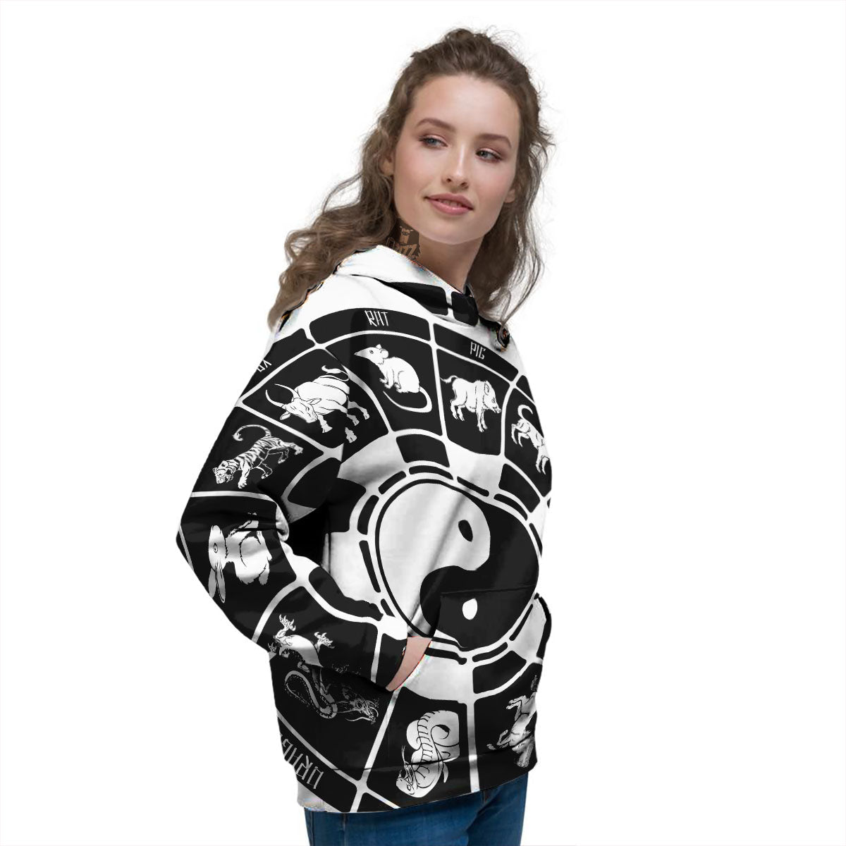 Chinese Zodiac White And Black Print Women's Hoodie-grizzshop
