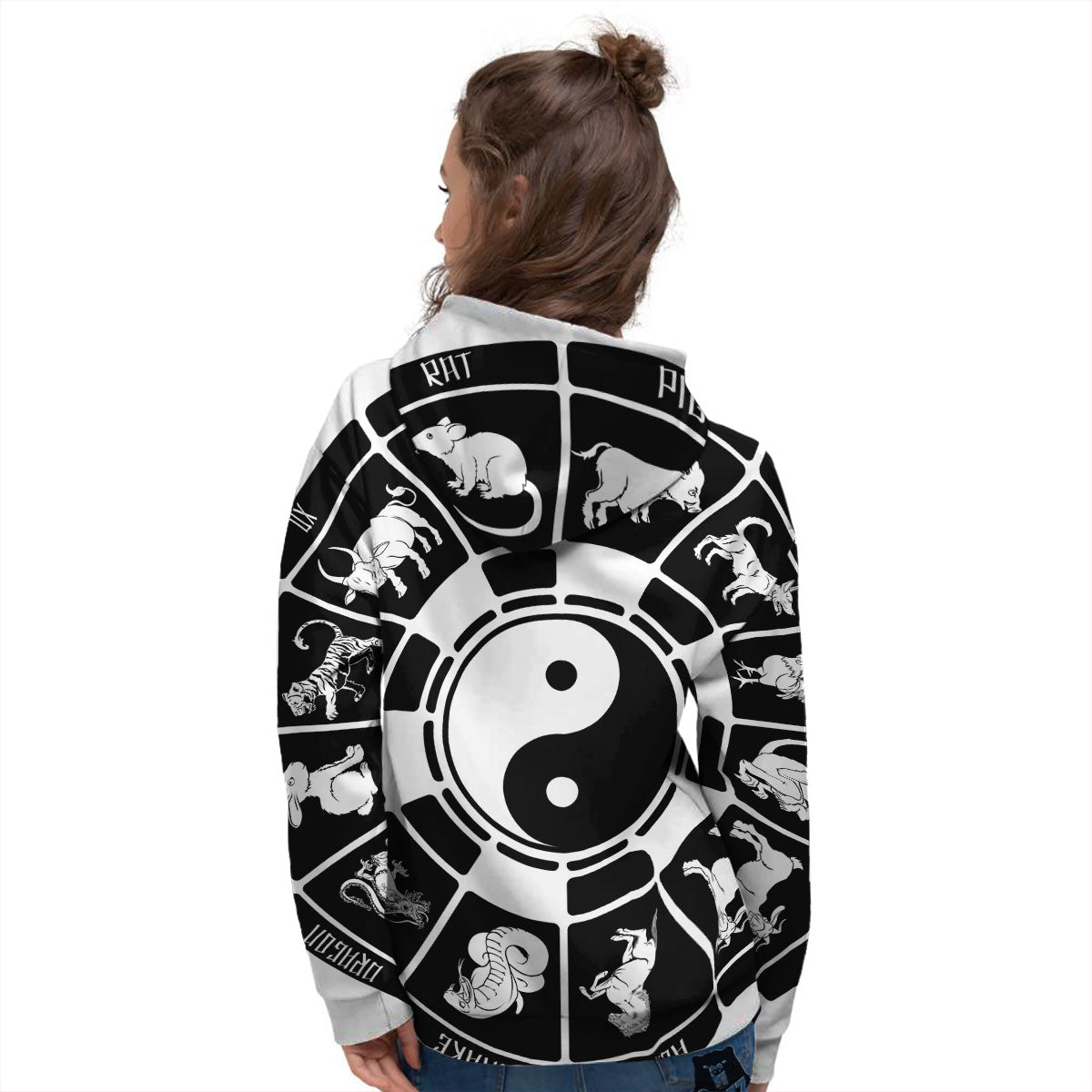 Chinese Zodiac White And Black Print Women's Hoodie-grizzshop