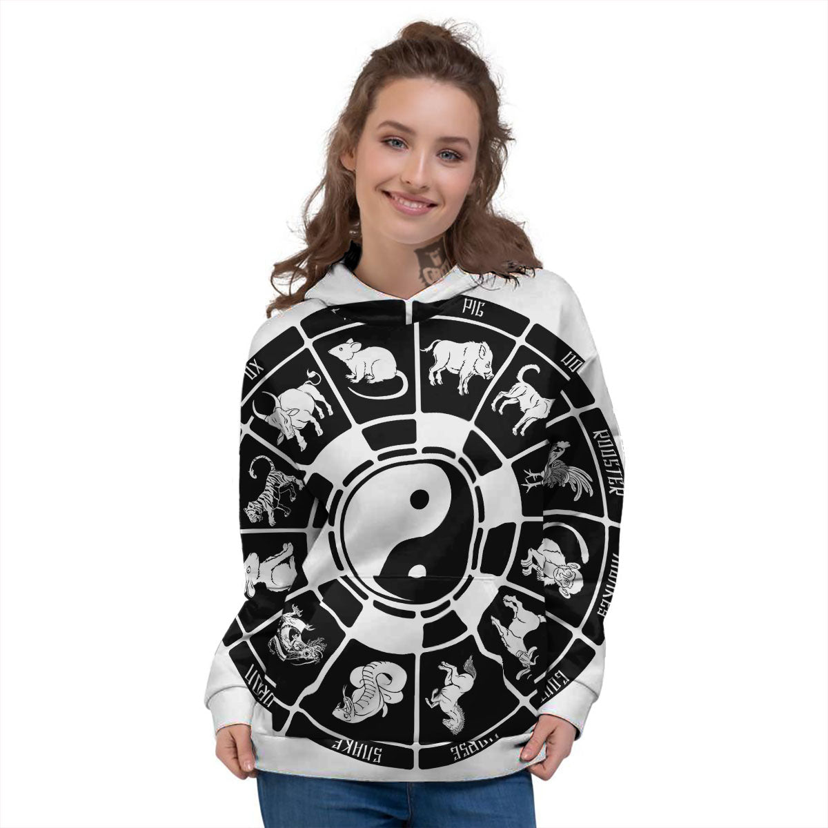 Chinese Zodiac White And Black Print Women's Hoodie-grizzshop