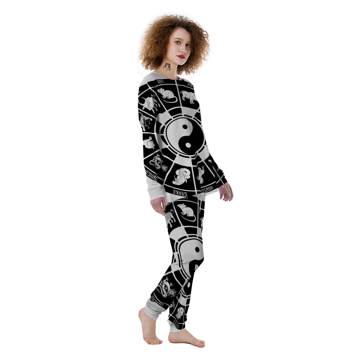 Chinese Zodiac White And Black Print Women's Pajamas-grizzshop