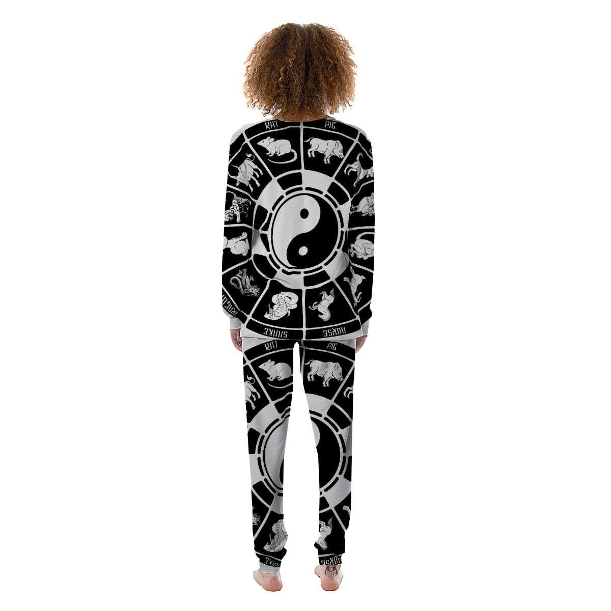 Chinese Zodiac White And Black Print Women's Pajamas-grizzshop