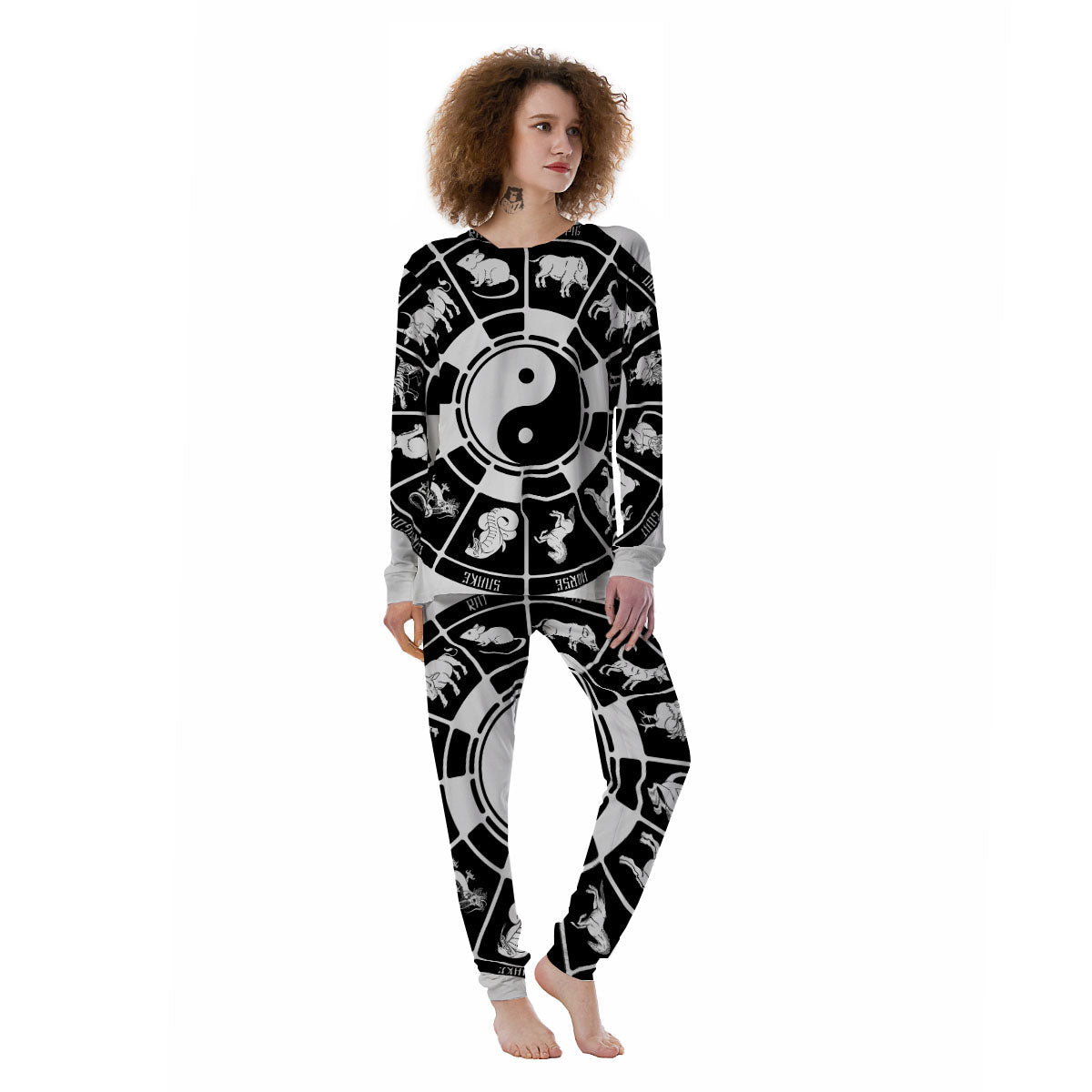 Chinese Zodiac White And Black Print Women's Pajamas-grizzshop