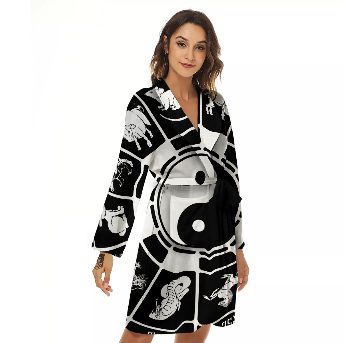 Chinese Zodiac White And Black Print Women's Robe-grizzshop