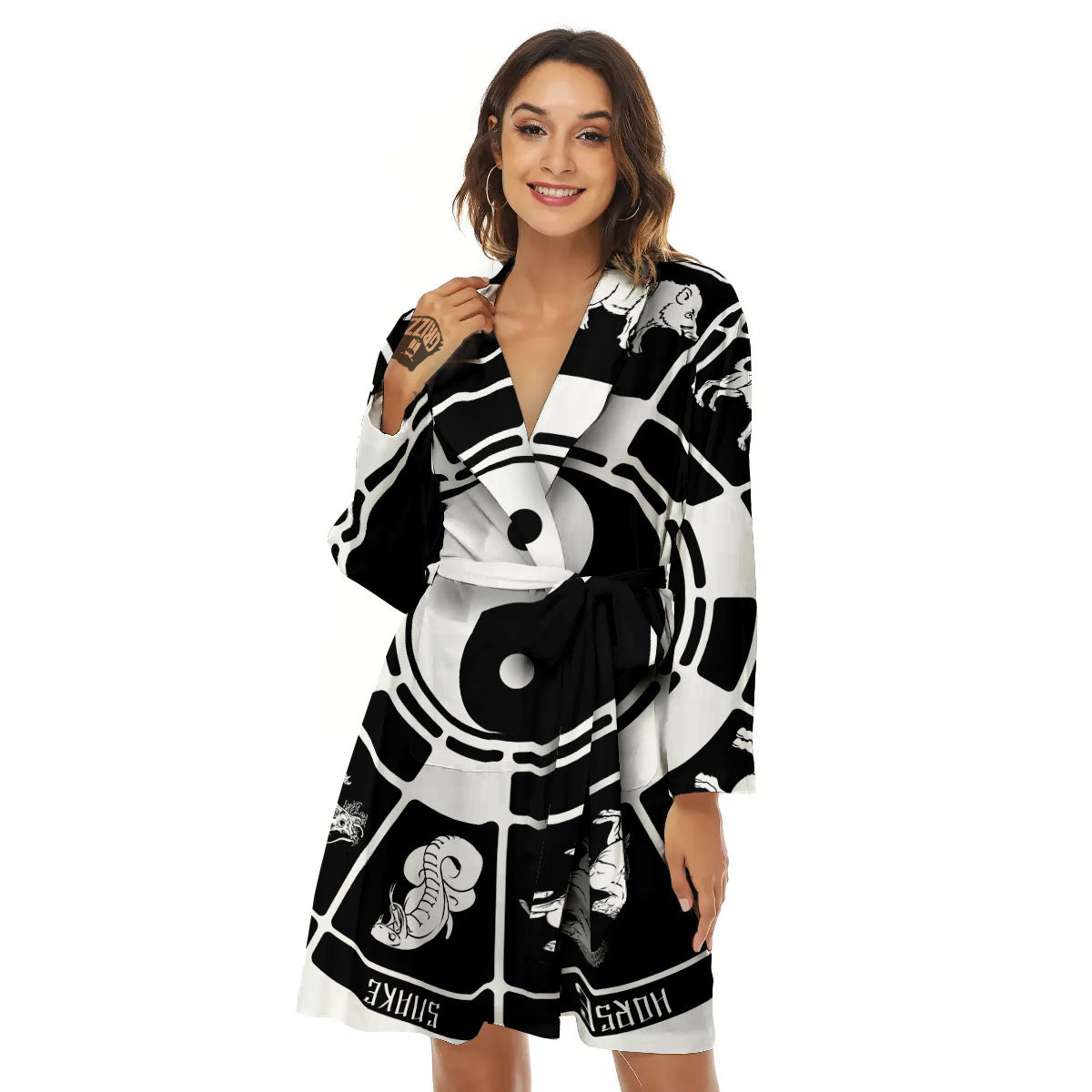 Chinese Zodiac White And Black Print Women's Robe-grizzshop