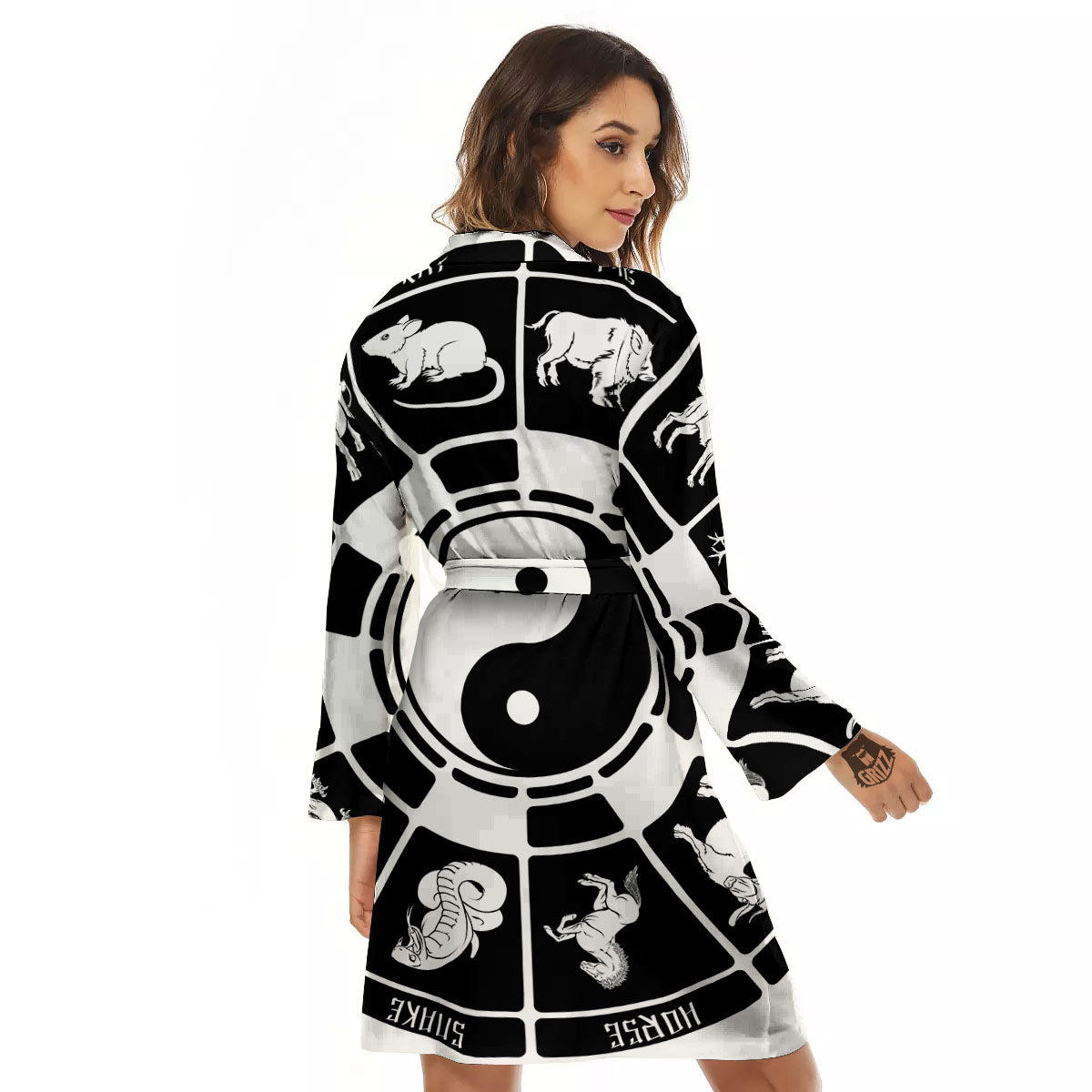 Chinese Zodiac White And Black Print Women's Robe-grizzshop