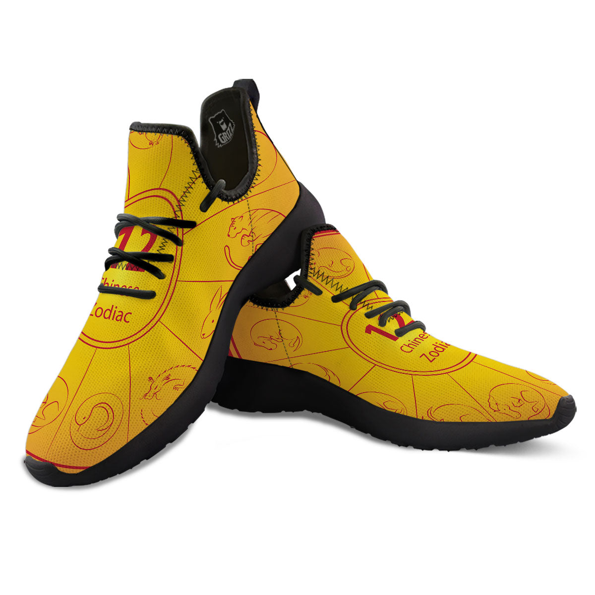 Chinese Zodiac Yellow And Red Print Black Athletic Shoes-grizzshop