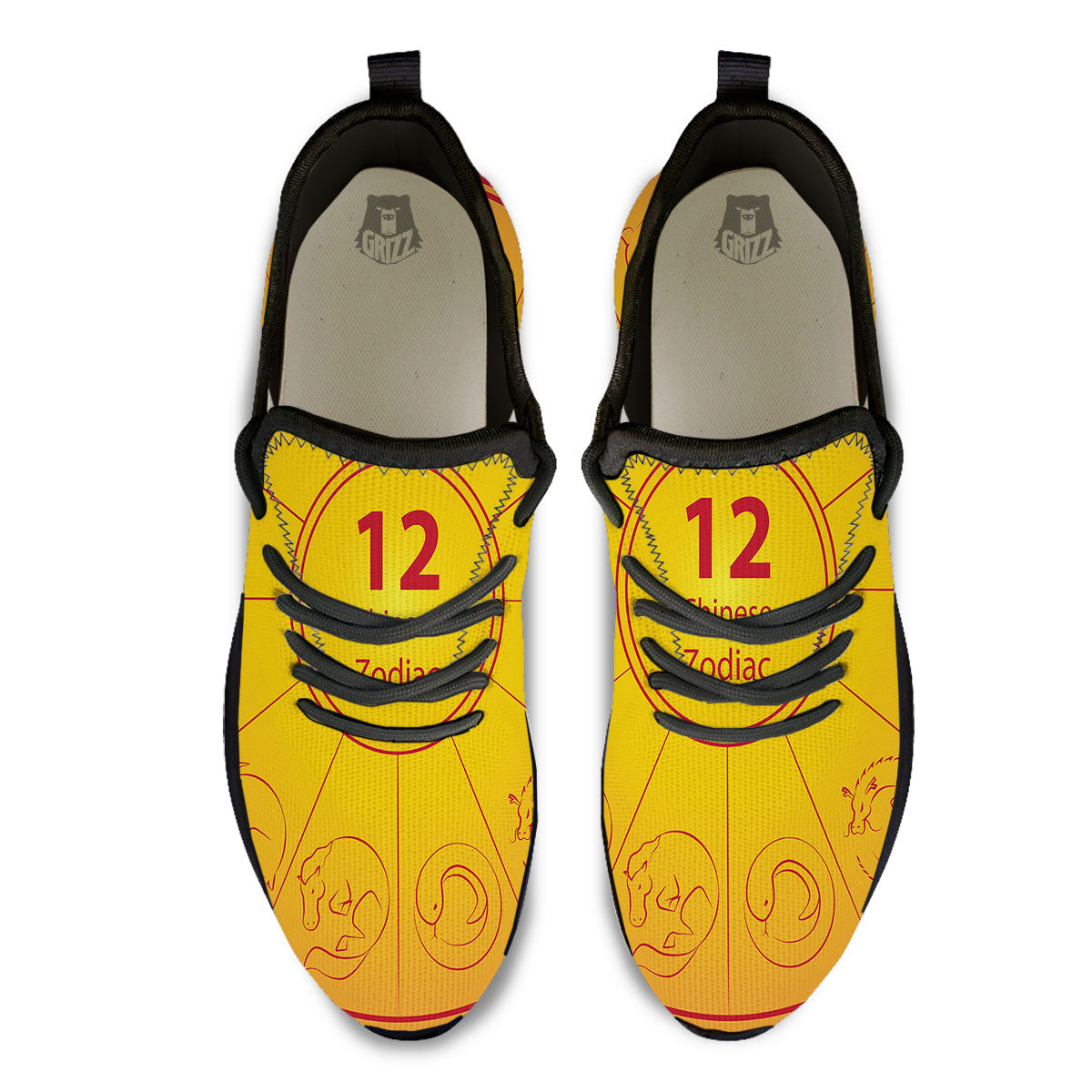 Chinese Zodiac Yellow And Red Print Black Athletic Shoes-grizzshop