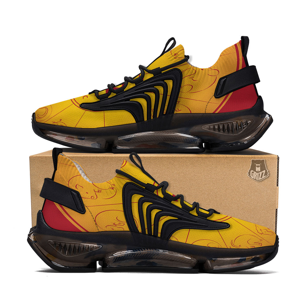 Chinese Zodiac Yellow And Red Print Black Gym Shoes-grizzshop