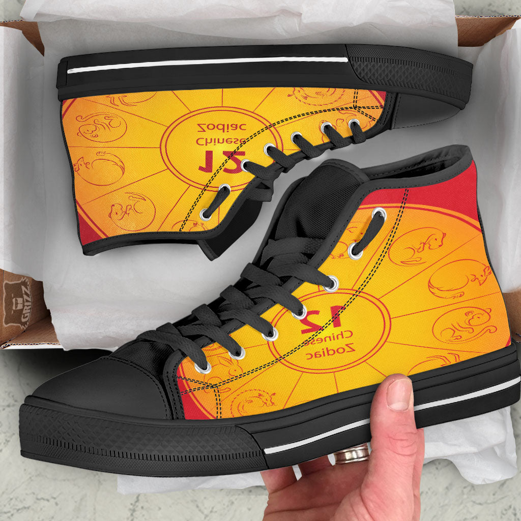 Chinese Zodiac Yellow And Red Print Black High Top Shoes-grizzshop