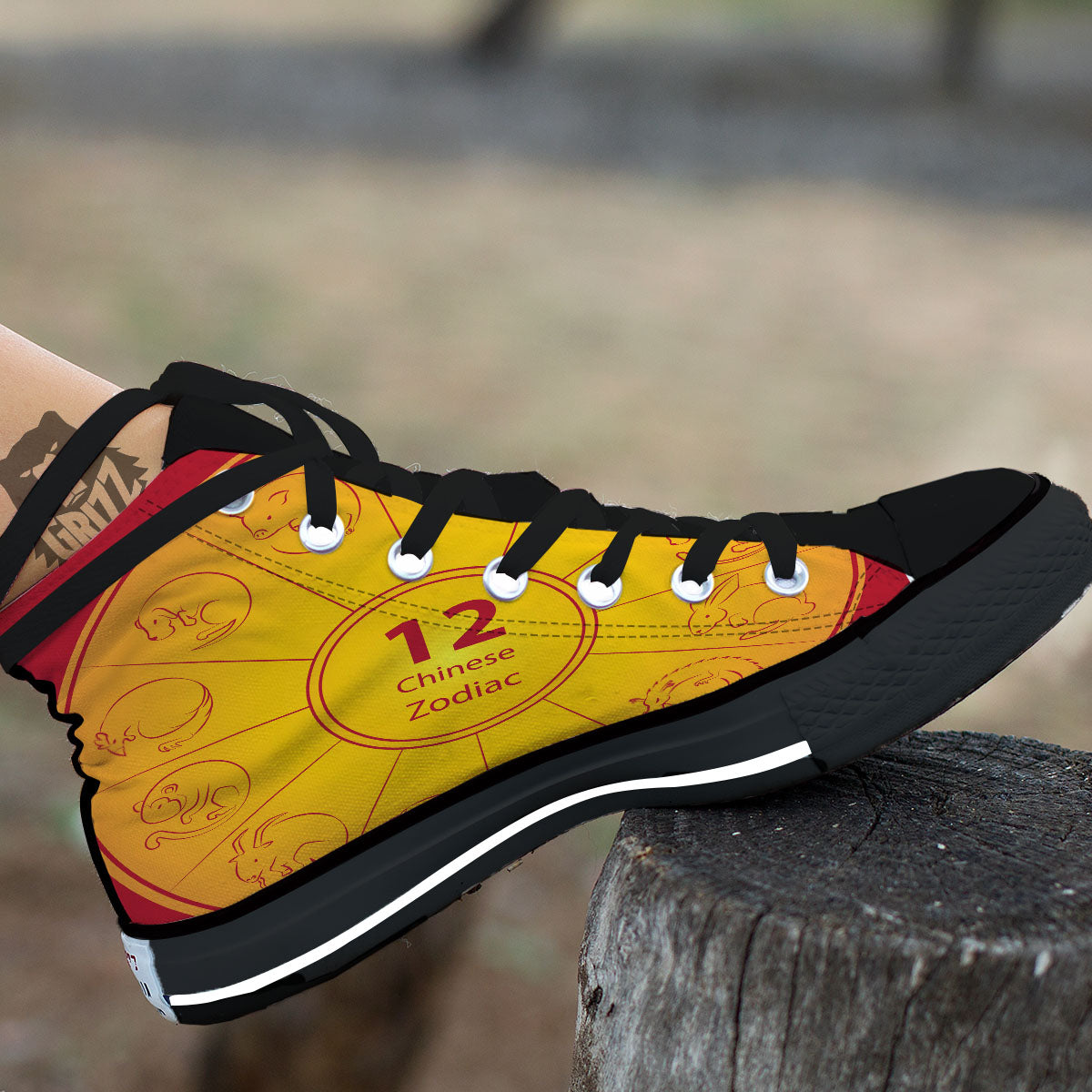 Chinese Zodiac Yellow And Red Print Black High Top Shoes-grizzshop