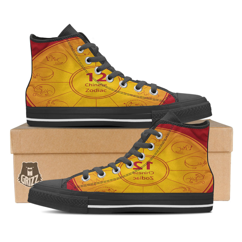 Chinese Zodiac Yellow And Red Print Black High Top Shoes-grizzshop