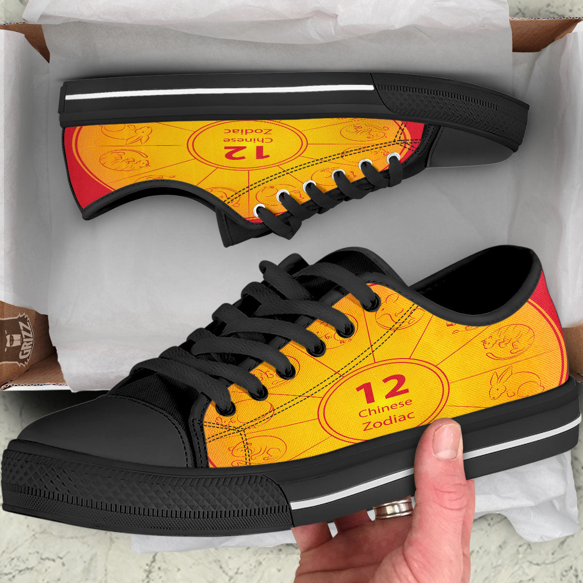 Chinese Zodiac Yellow And Red Print Black Low Top Shoes-grizzshop