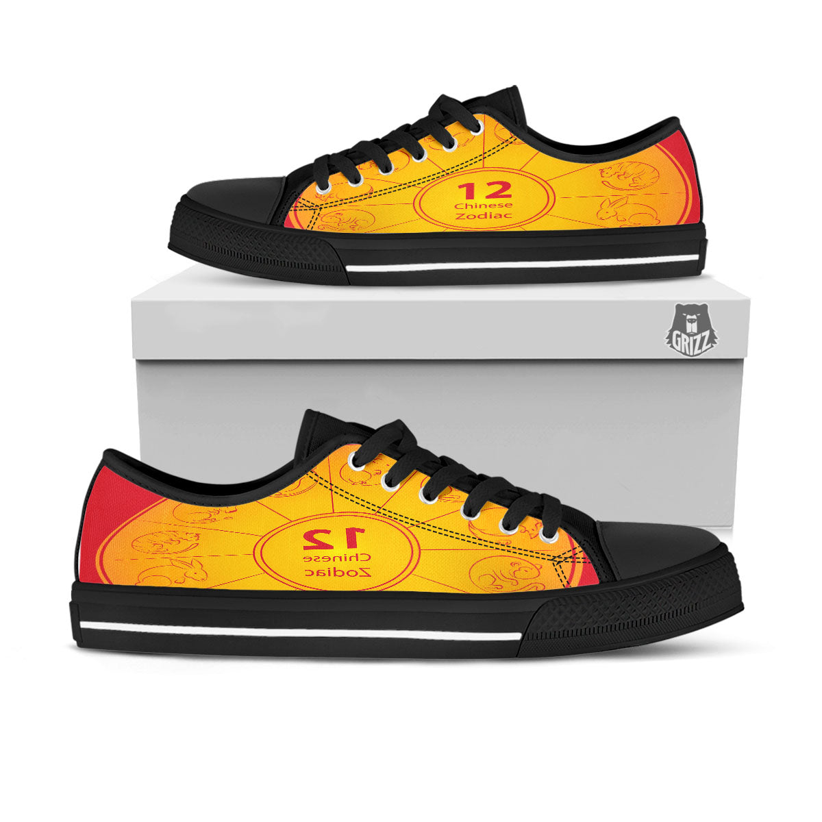 Chinese Zodiac Yellow And Red Print Black Low Top Shoes-grizzshop