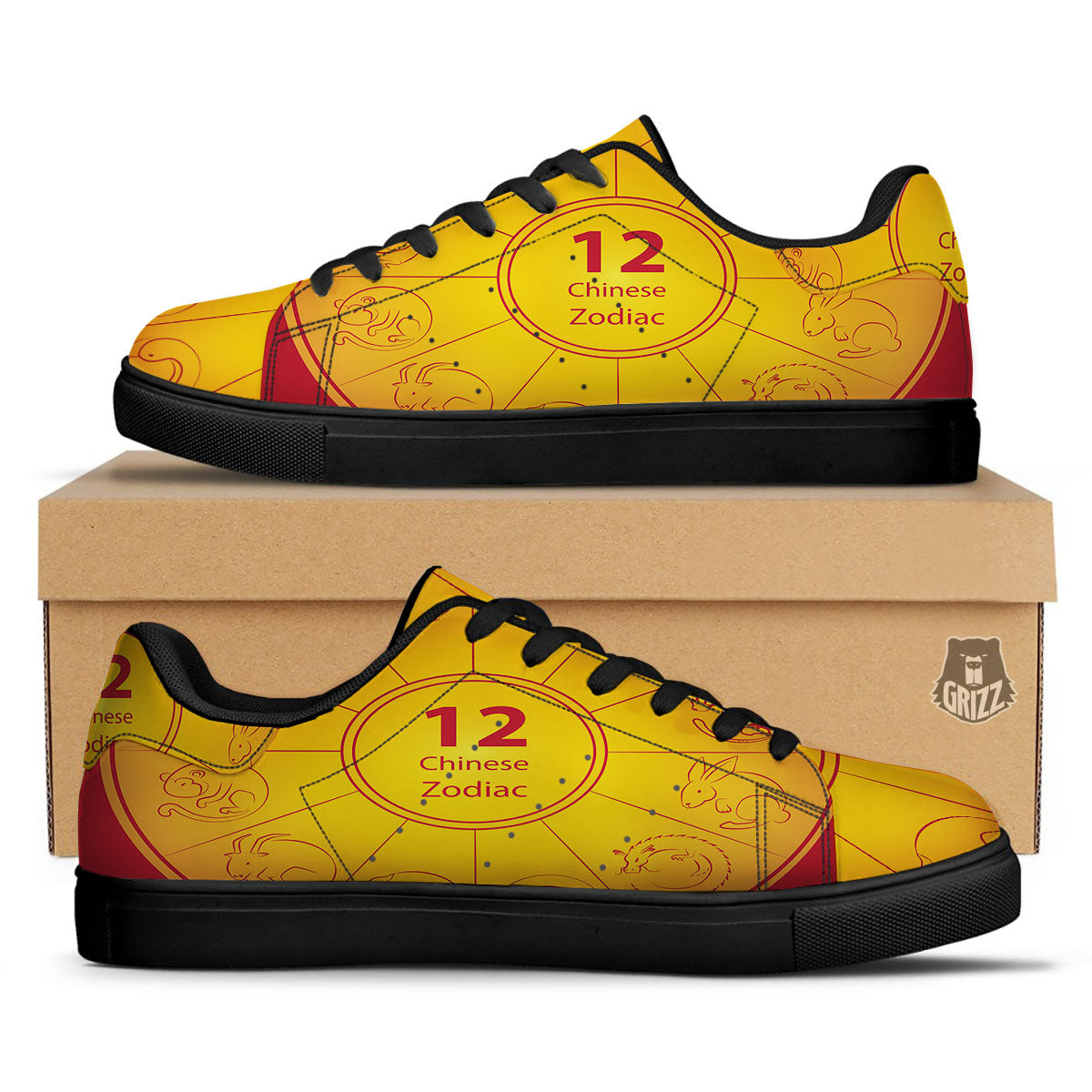 Chinese Zodiac Yellow And Red Print Black Low Top Sneakers-grizzshop