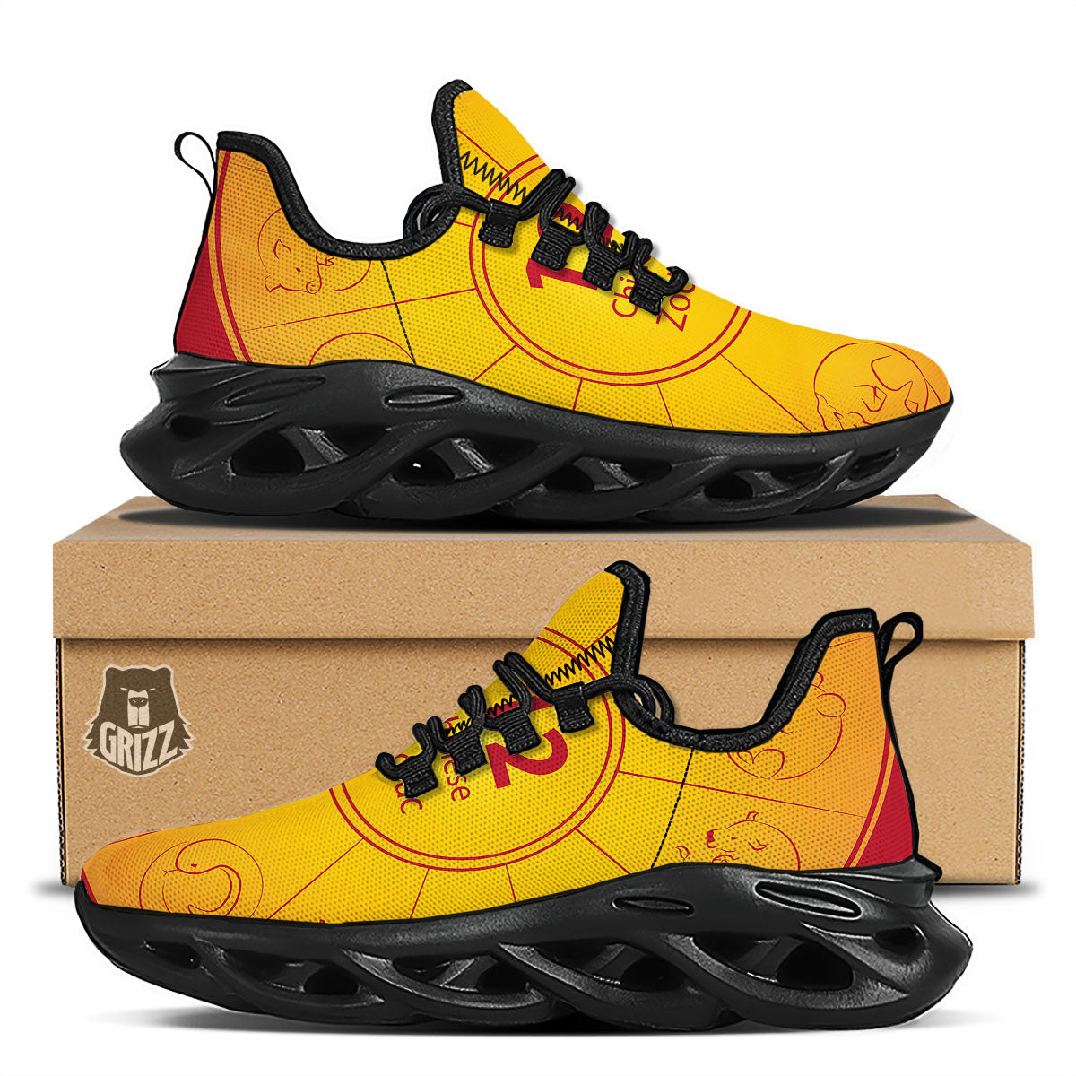 Chinese Zodiac Yellow And Red Print Black Running Shoes-grizzshop