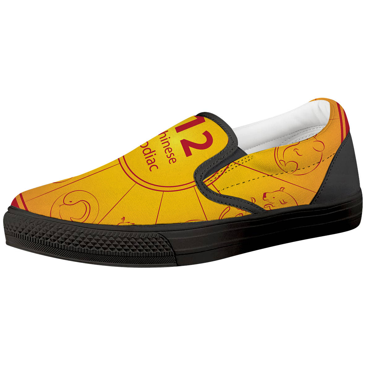 Chinese Zodiac Yellow And Red Print Black Slip On Shoes-grizzshop