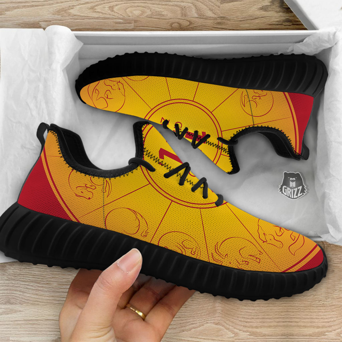 Chinese Zodiac Yellow And Red Print Black Walking Shoes-grizzshop