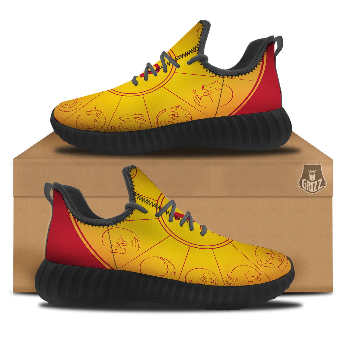 Chinese Zodiac Yellow And Red Print Black Walking Shoes-grizzshop
