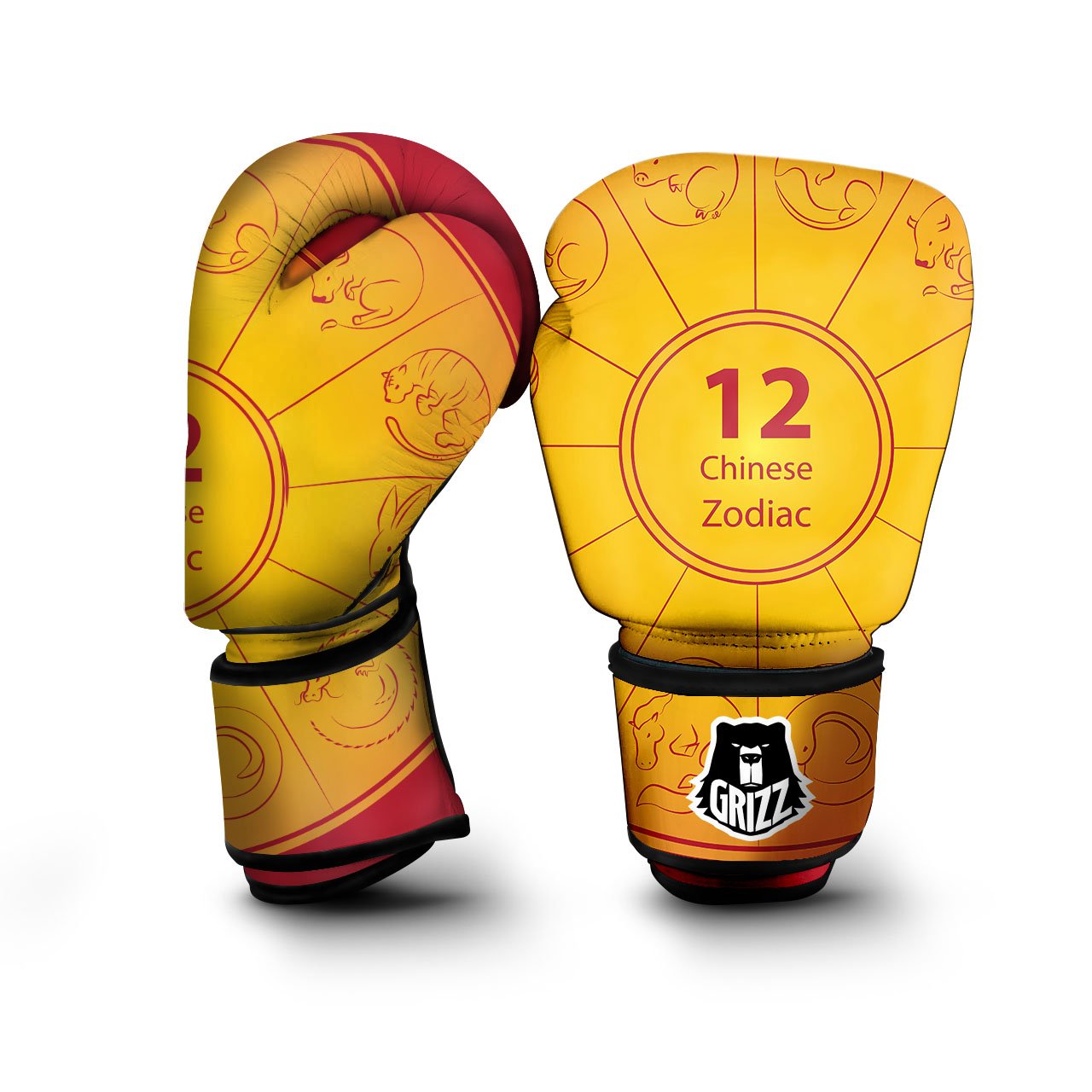 Chinese Zodiac Yellow And Red Print Boxing Gloves-grizzshop