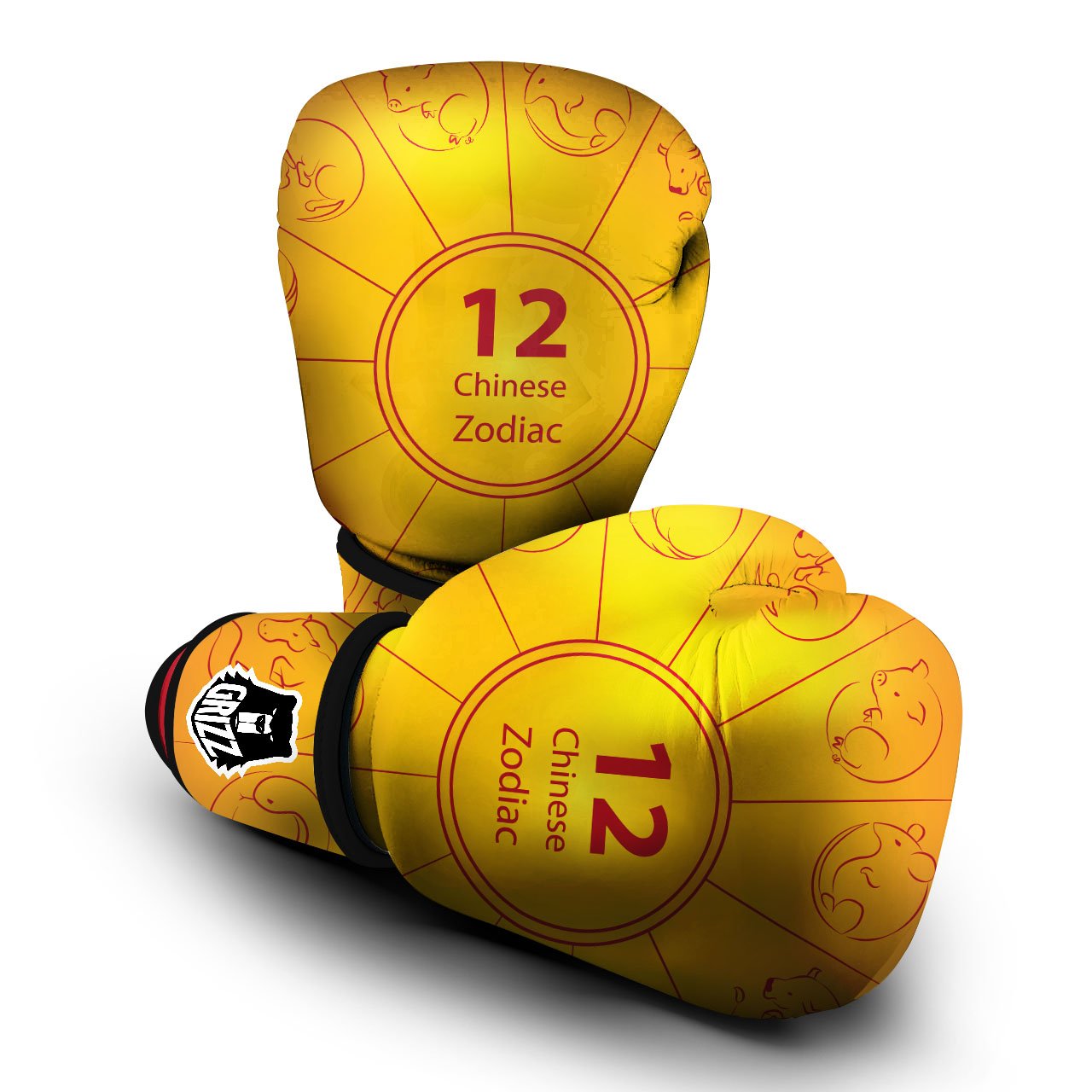 Chinese Zodiac Yellow And Red Print Boxing Gloves-grizzshop