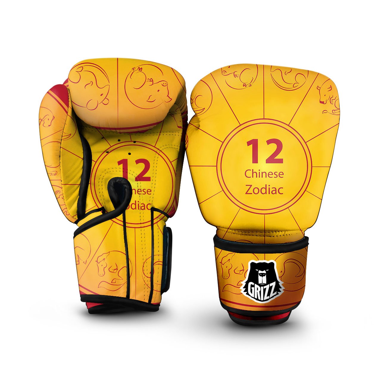 Chinese Zodiac Yellow And Red Print Boxing Gloves-grizzshop