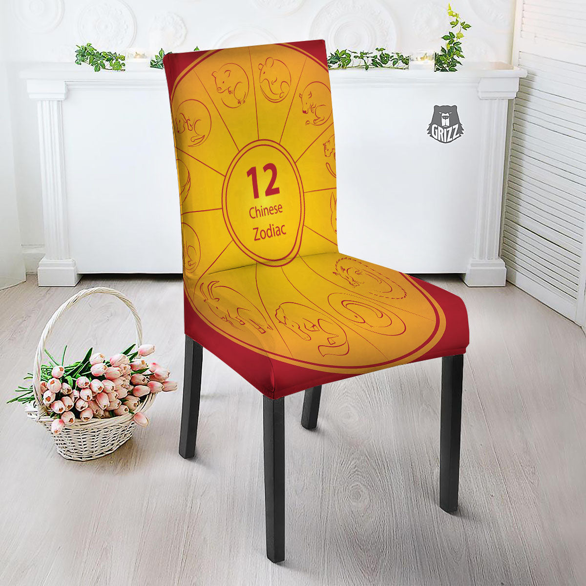 Chinese Zodiac Yellow And Red Print Dining Chair Slipcover-grizzshop