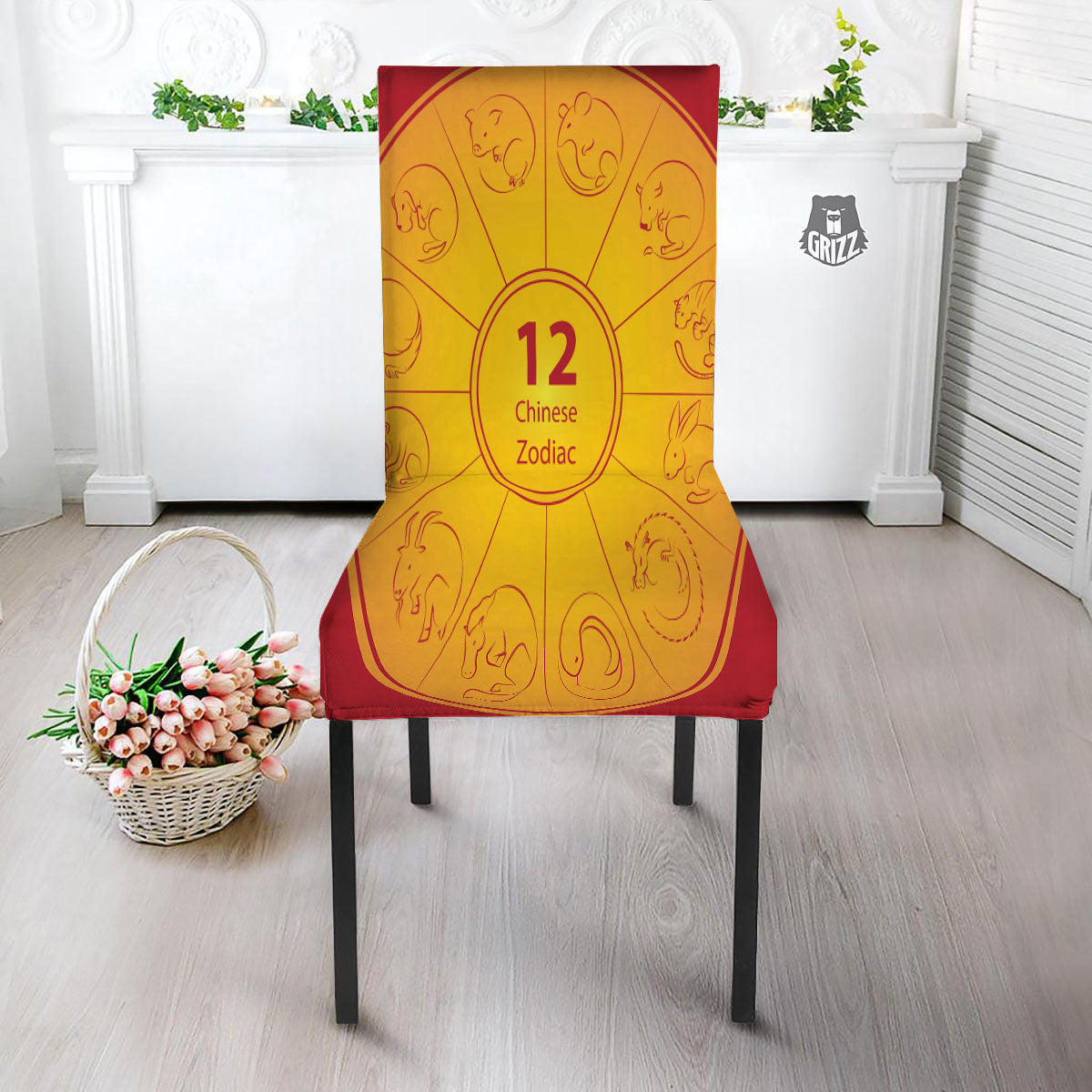 Chinese Zodiac Yellow And Red Print Dining Chair Slipcover-grizzshop