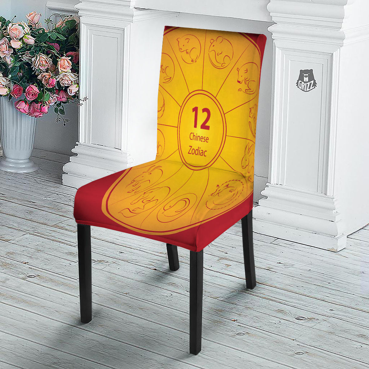 Chinese Zodiac Yellow And Red Print Dining Chair Slipcover-grizzshop