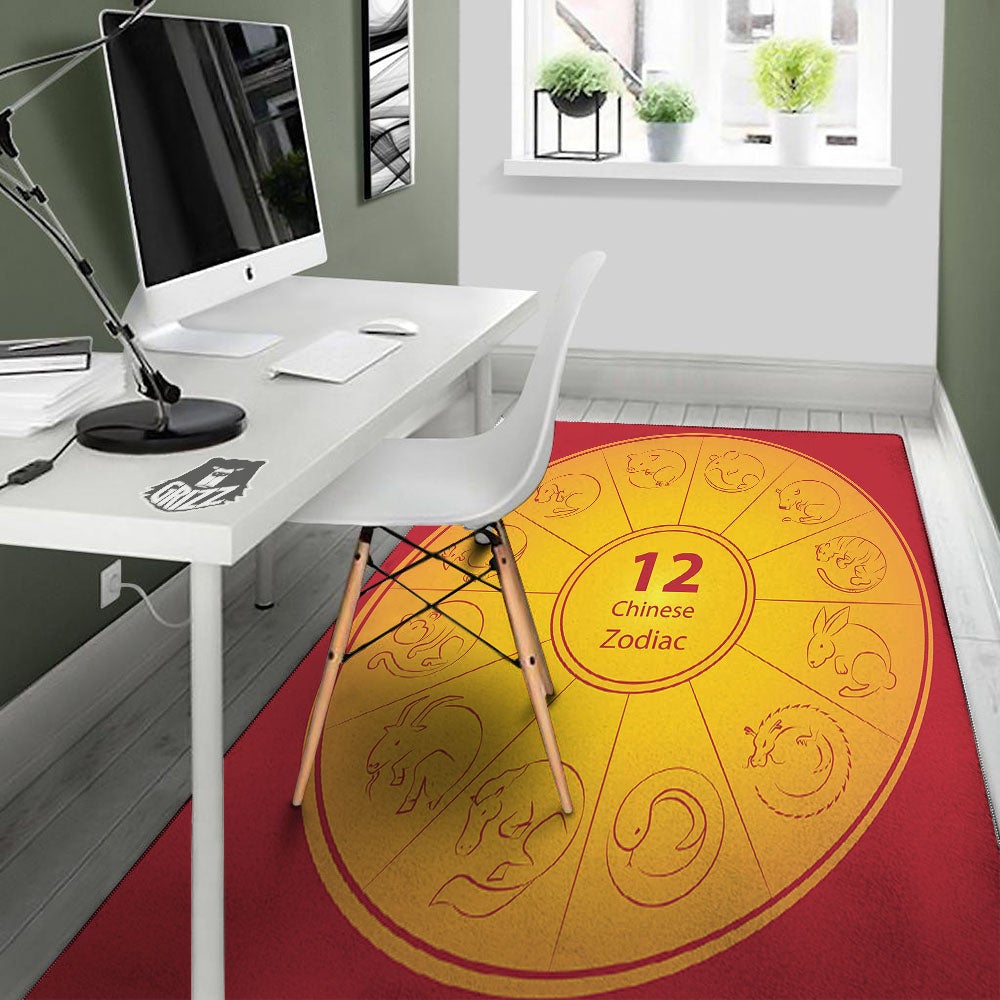 Chinese Zodiac Yellow And Red Print Floor Mat-grizzshop