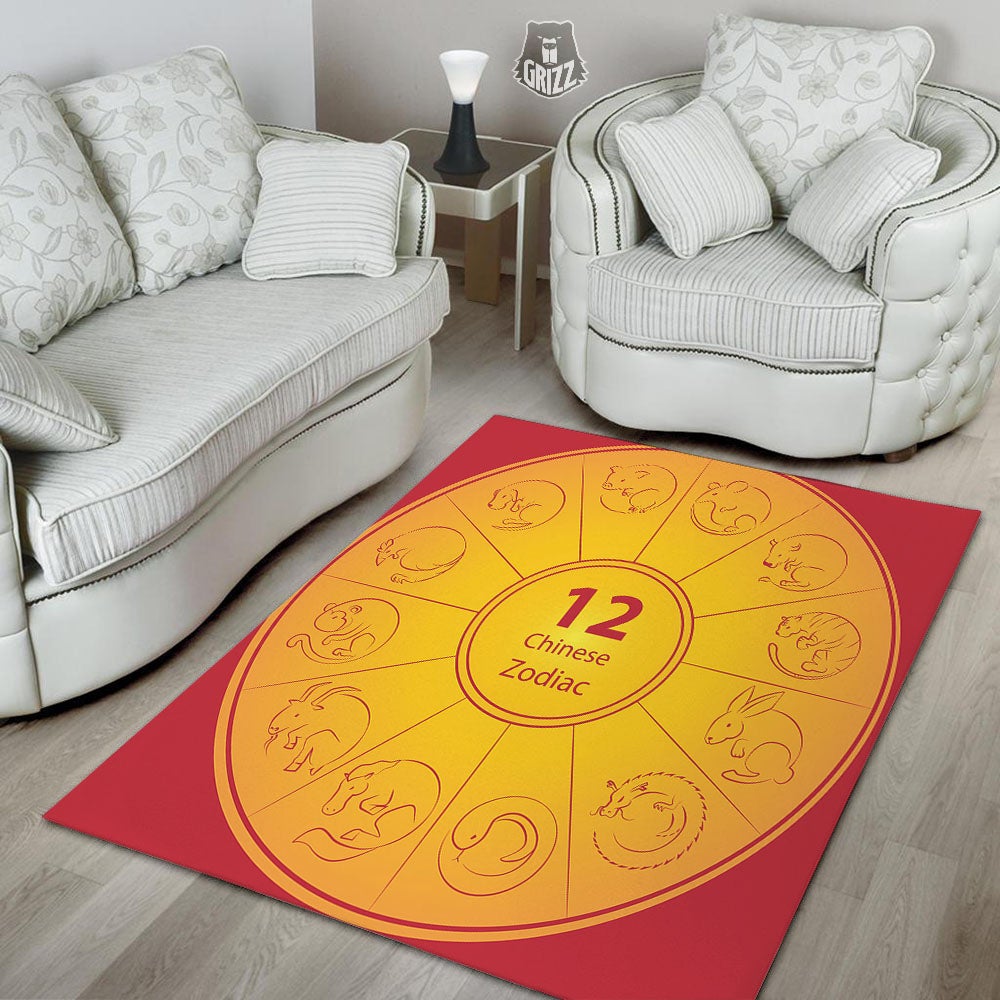 Chinese Zodiac Yellow And Red Print Floor Mat-grizzshop