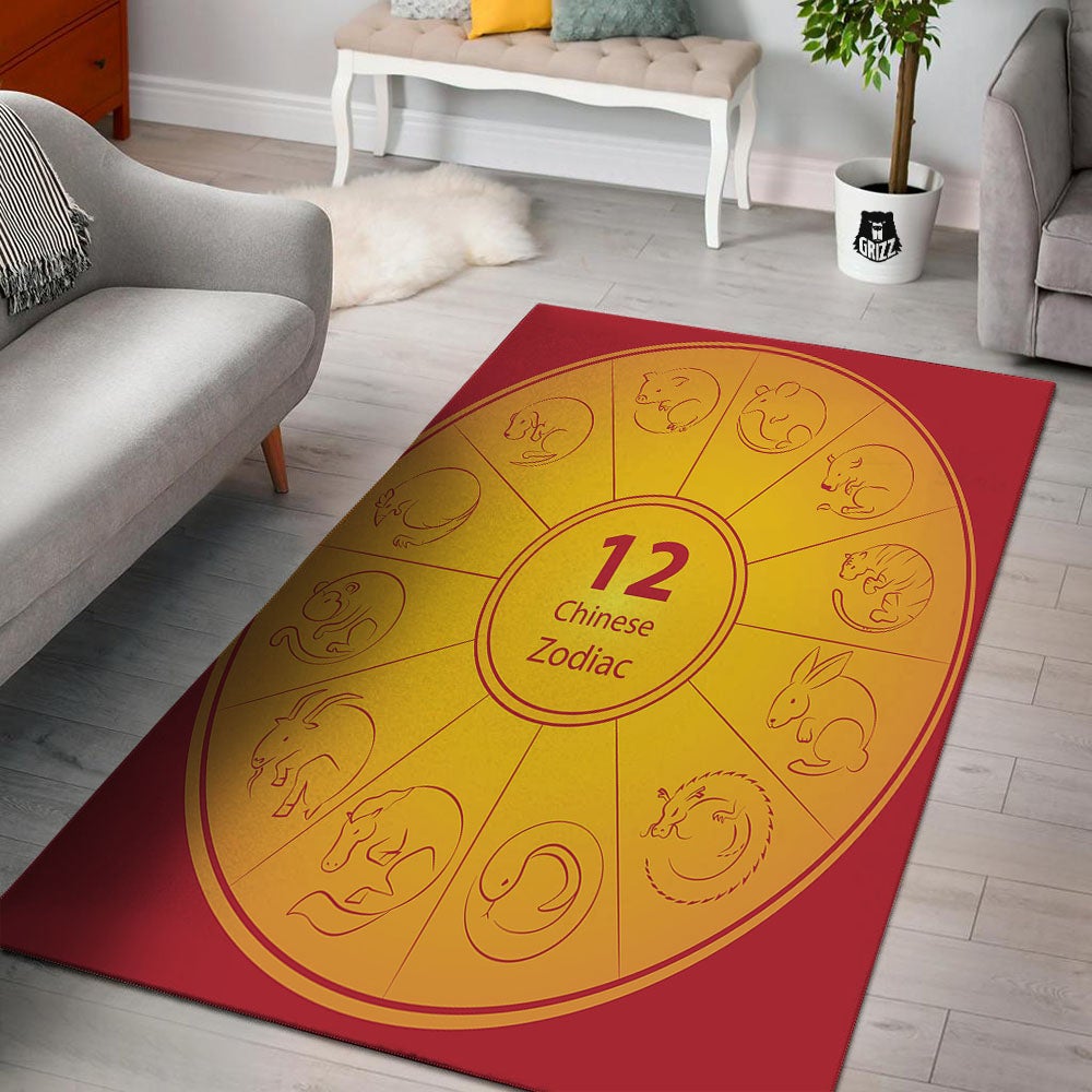Chinese Zodiac Yellow And Red Print Floor Mat-grizzshop