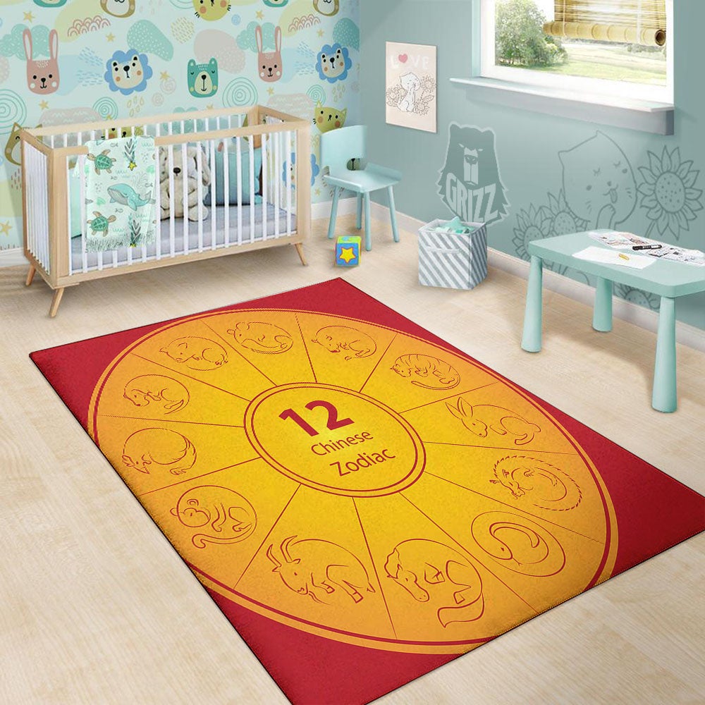Chinese Zodiac Yellow And Red Print Floor Mat-grizzshop